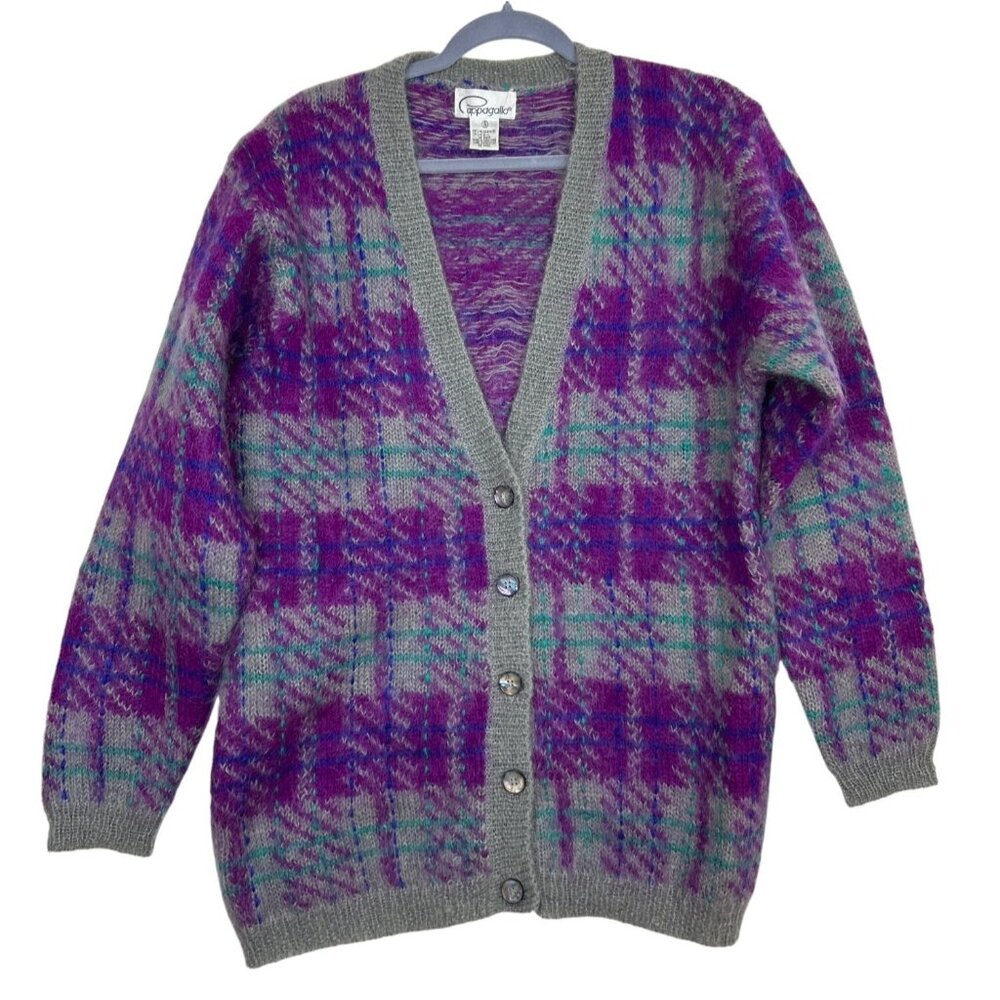 Vtg Pappagallo 90's Men's S Eclectic Grandpa Plaid Mohair Wool Cardigan Sweater